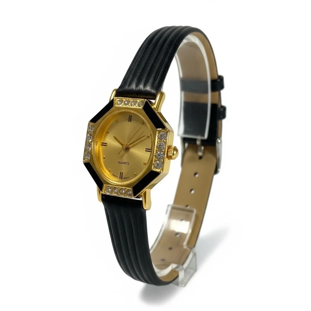 Gold Tone Black Accent Women's Quartz Fashion Watch‎ with Rhinestone Detail